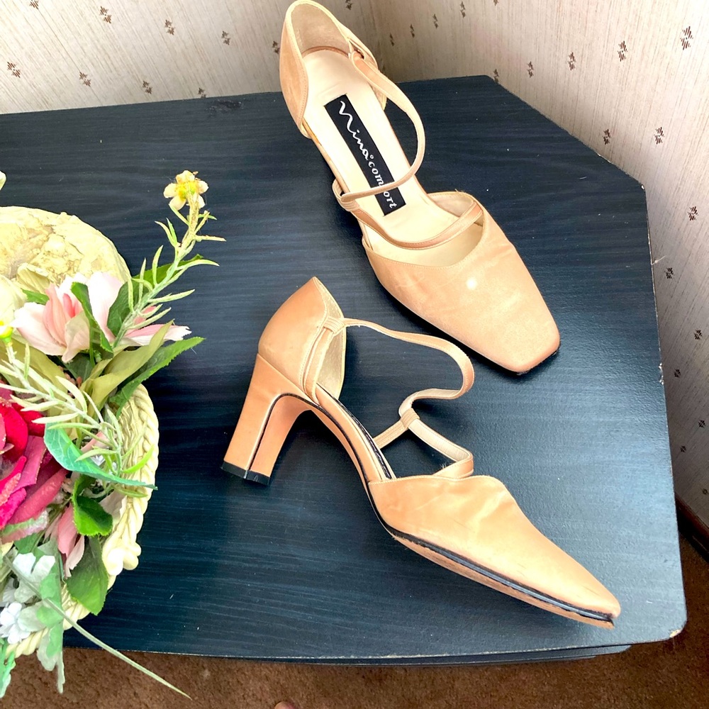 Gold satin cross strap shoes